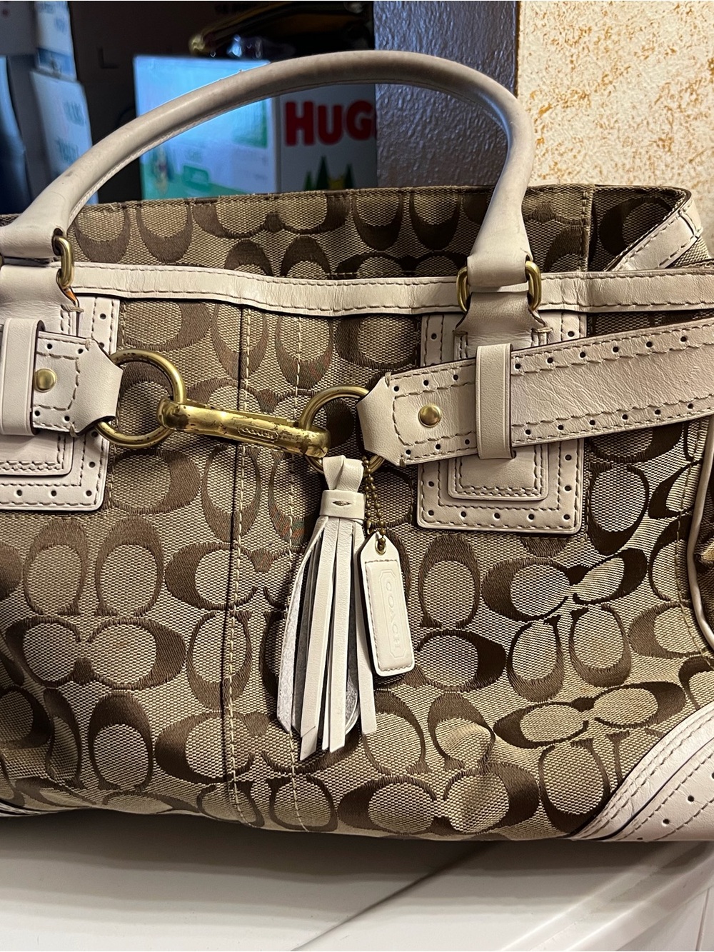 Coach Beige Signature Canvas Tote with White Leather Trim